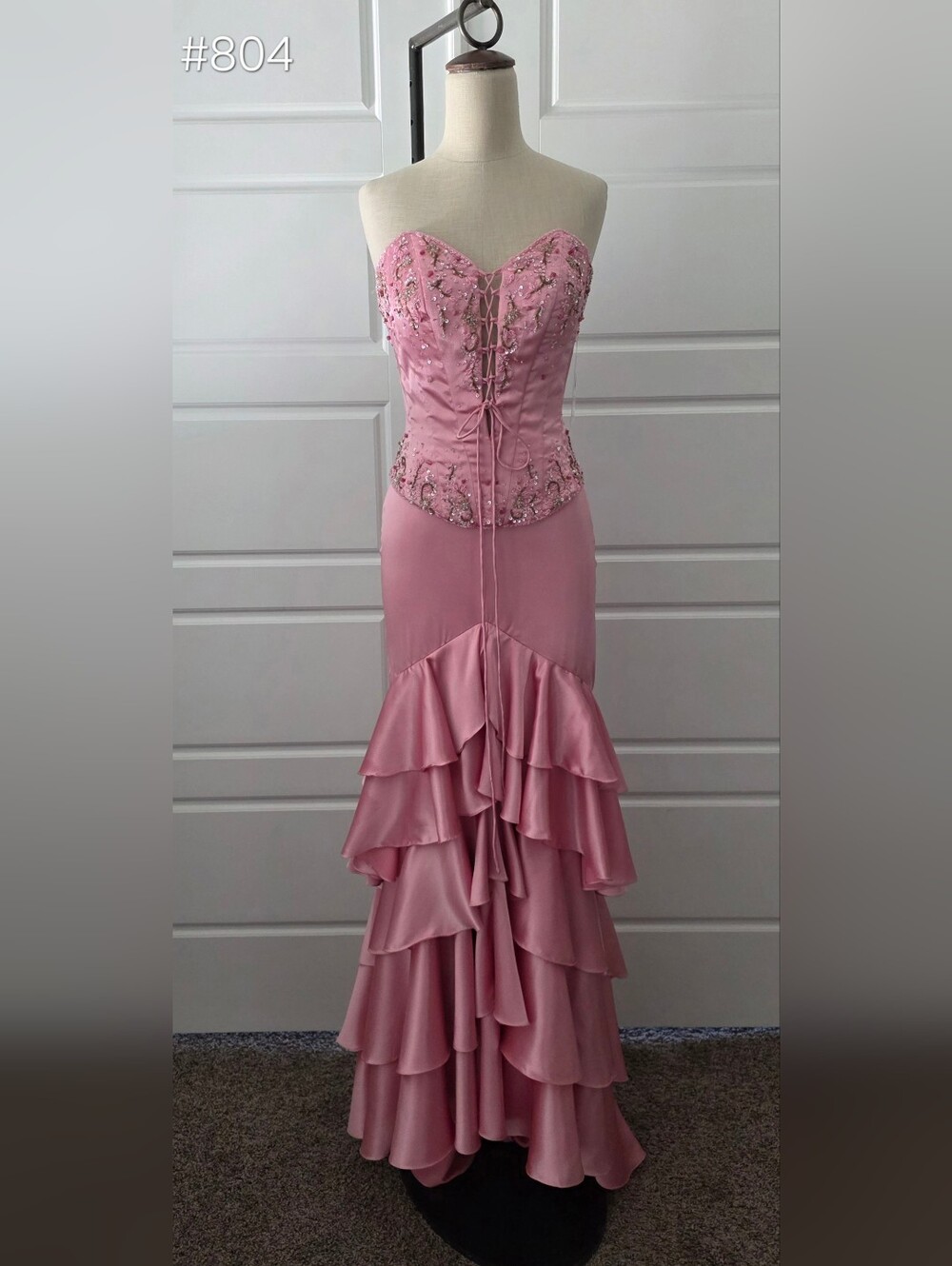 Lace-Up Strapless Pink Mermaid Prom Dress with Tiered Ruffle Skirt